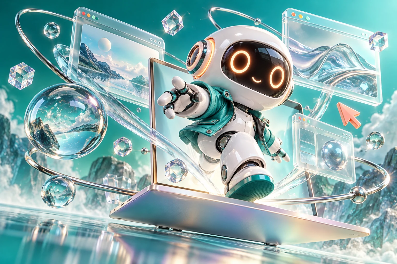 ノートパソコンから飛び出す、リングの顔を持つあたりんぐのオリジナルキャラクター