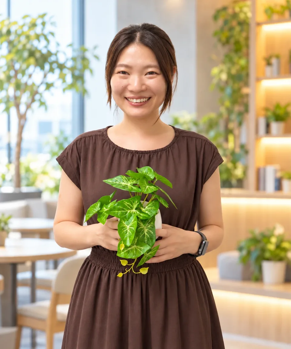 観葉植物を手に笑顔で立つ、あたりんぐの営業・カスタマーサクセス担当